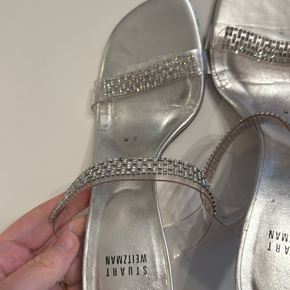 Stuart Weitzman Aleena Crystal Lucite Rhinestone Slide Heels Sandals Size 8 EUC - Picture 10 of 14